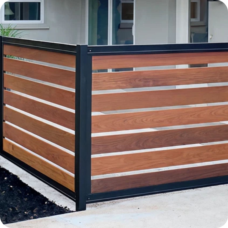 Modern horizontal wood slat fence with a black metal frame.